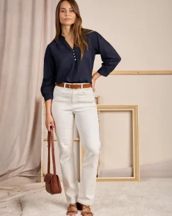 Femme Mise Au Green Blouse à rayures ton sur ton bleu marine