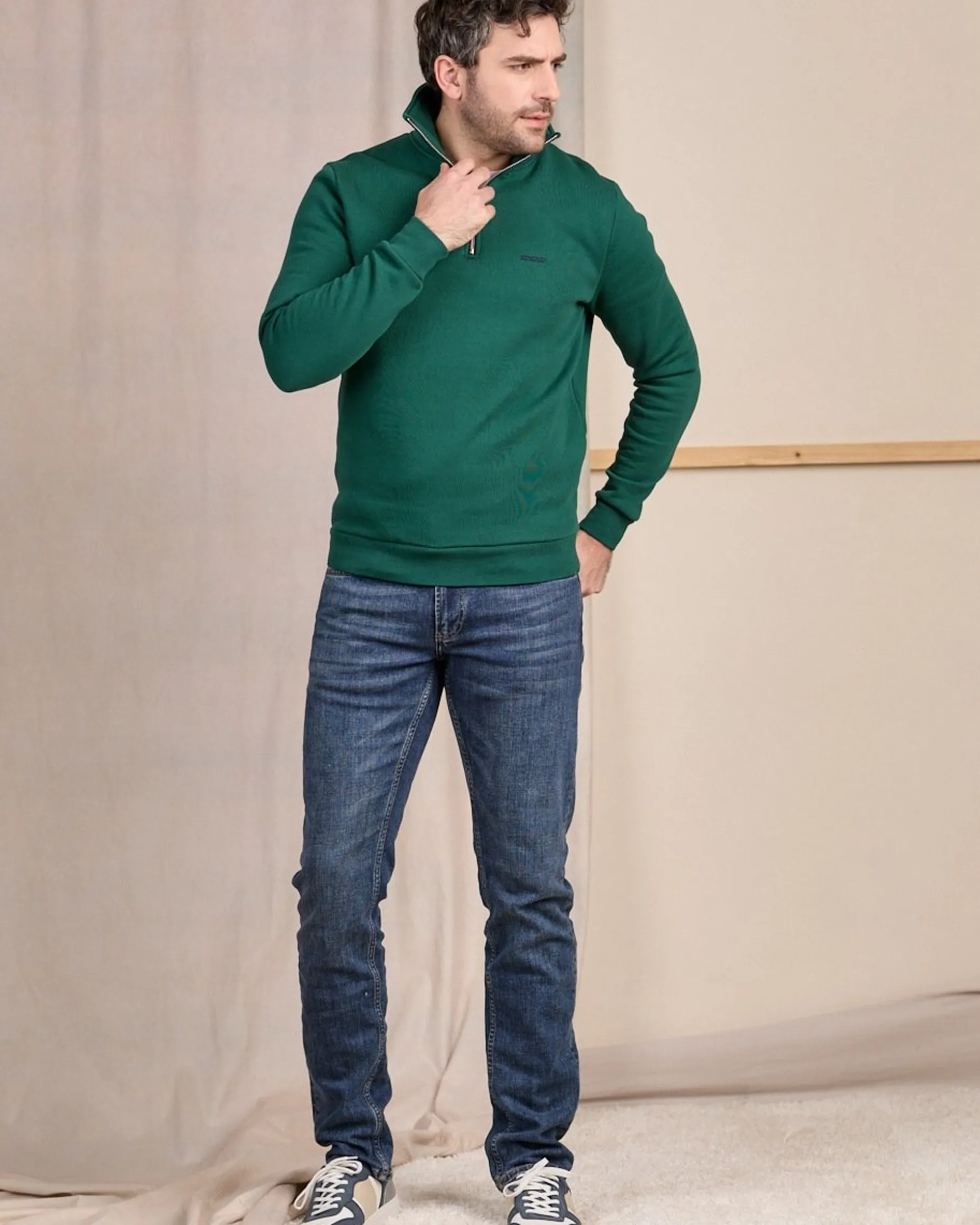 Homme Mise Au Green Sweat uni col camionneur vert foncé