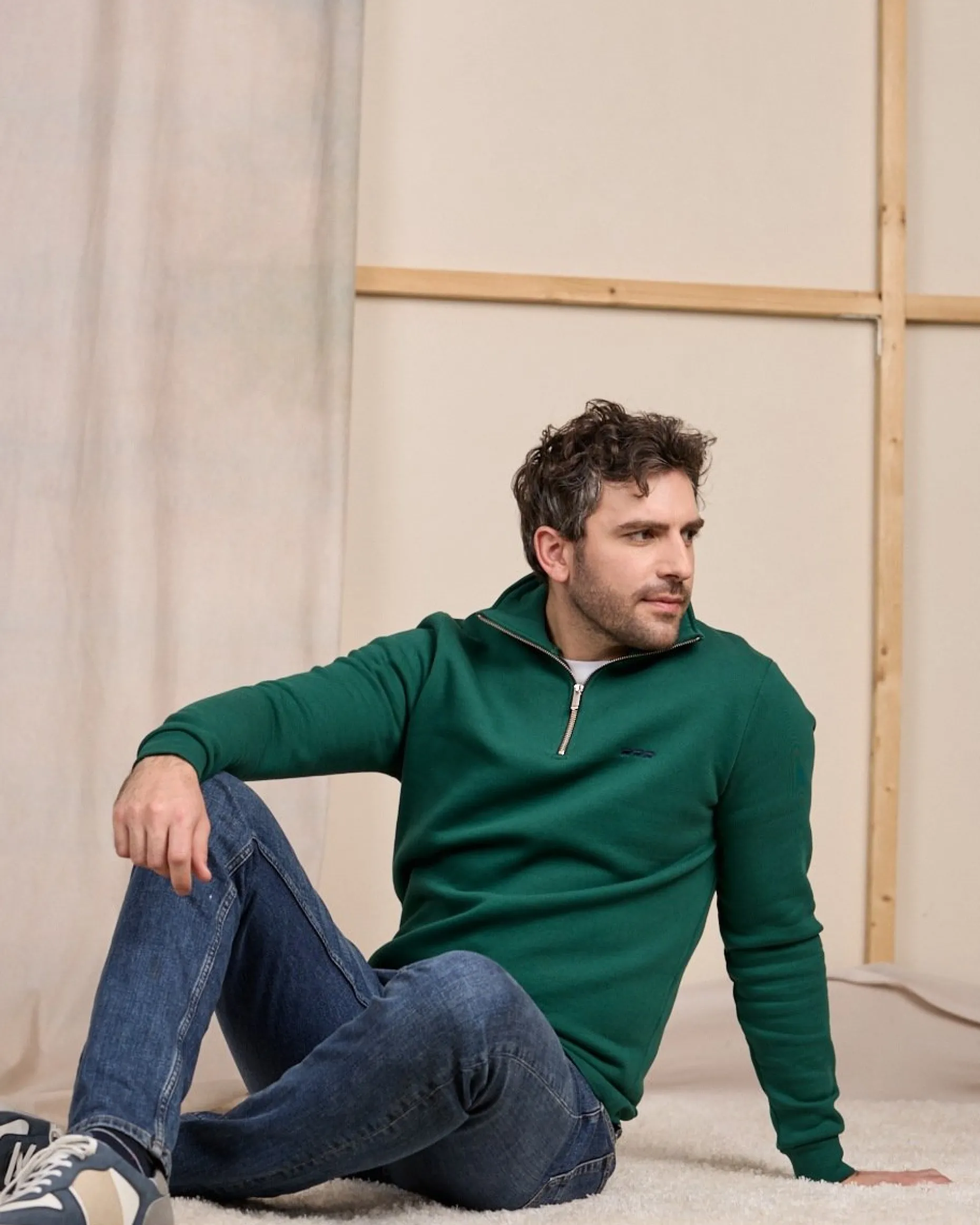 Homme Mise Au Green Sweat uni col camionneur vert foncé